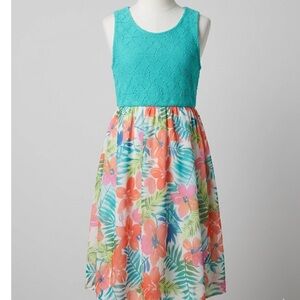 Youngland Girls Teal Lace & Tropical Floral Chiffon Dress Size 7/8 Easter Spring